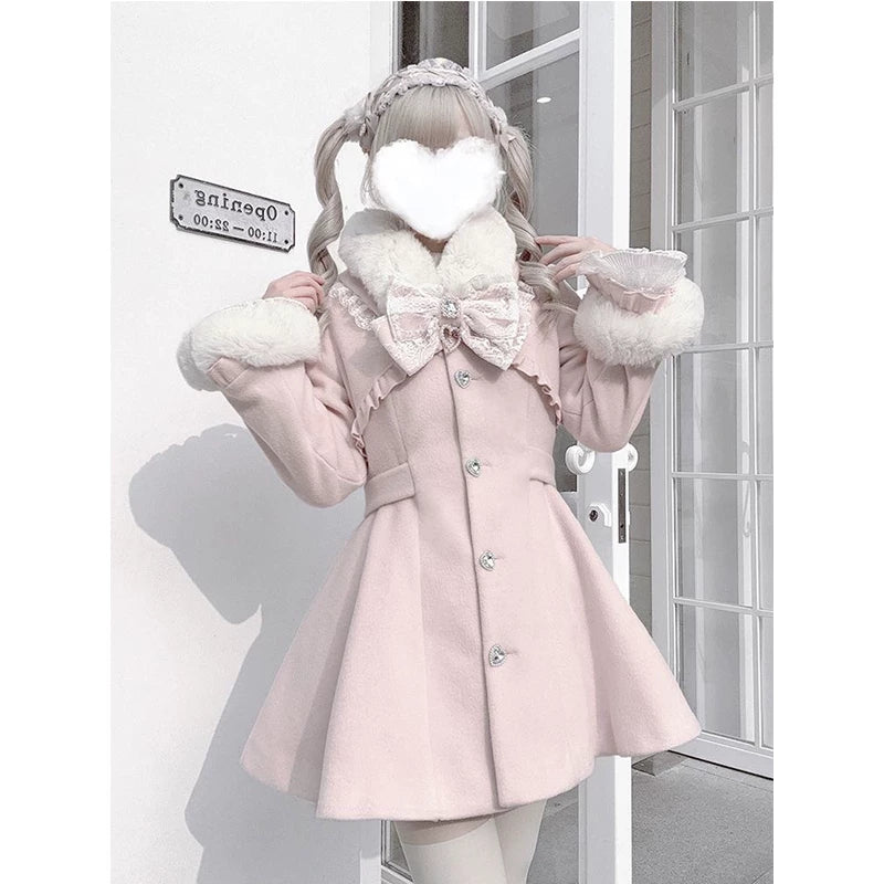 Ryousangata Winter Pink Coat, Removable Faux Fur Trim Pink Coat + Apricot Faux Fur + Chest Bow / S