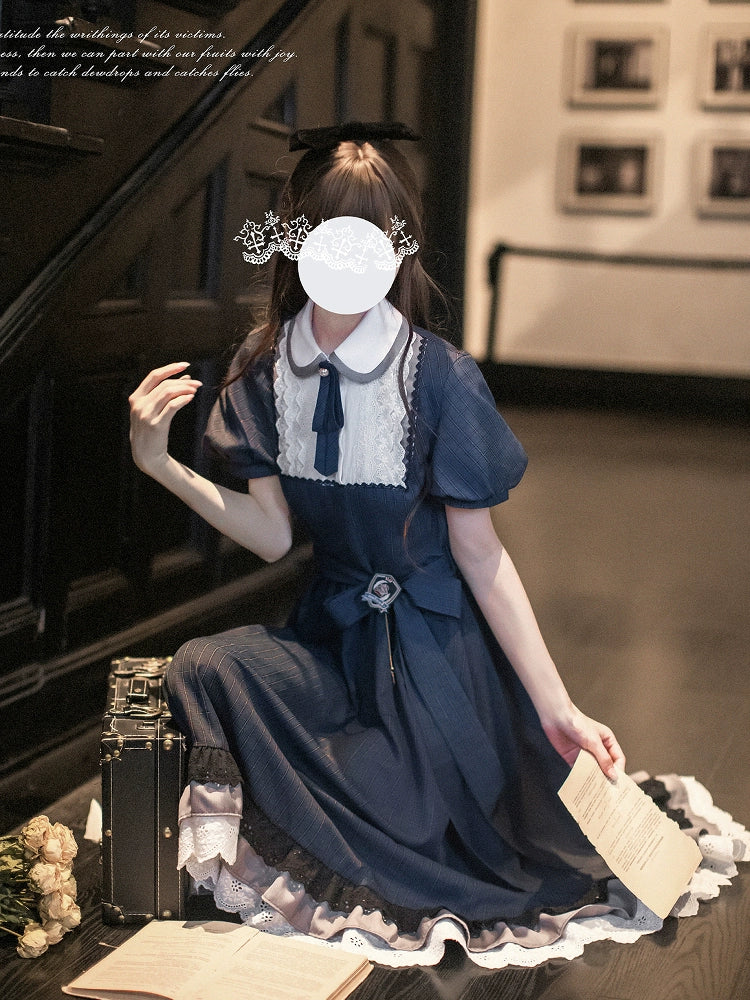 Navy Preppy Style Long Dress, Peter Pan Collar 43648:782298