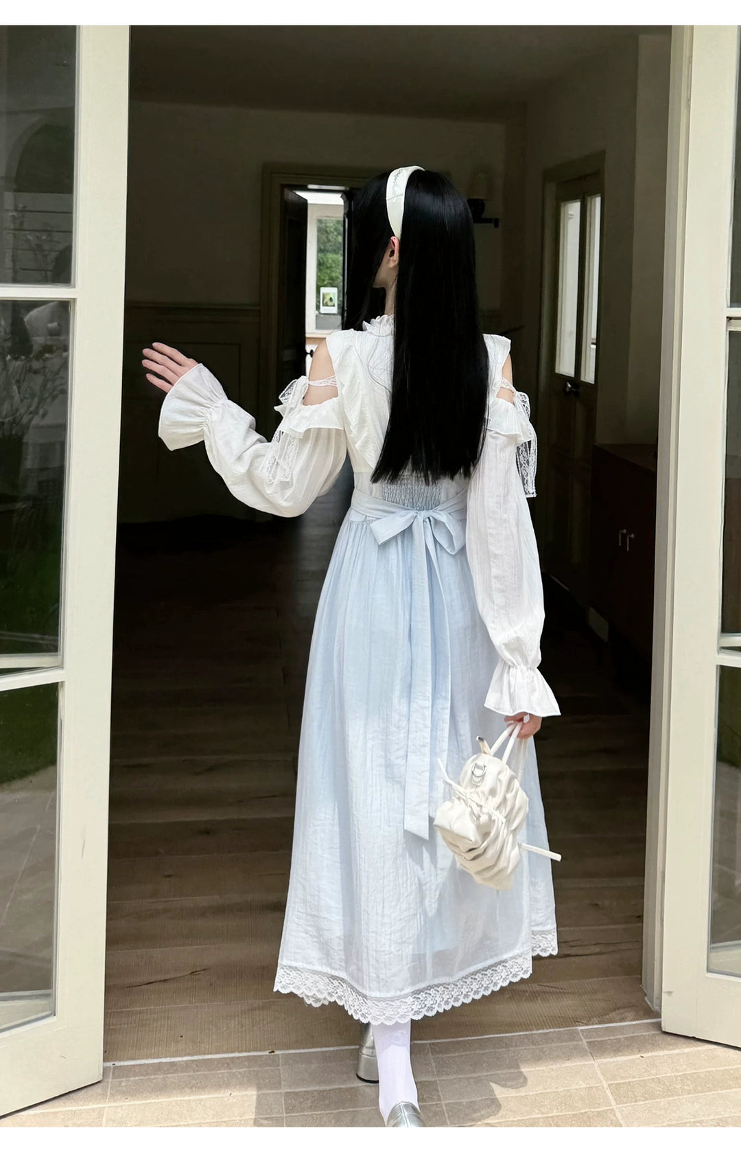 Seiso Kei Open Shoulder Dress, Blue & White Color Spliced 45752:861391
