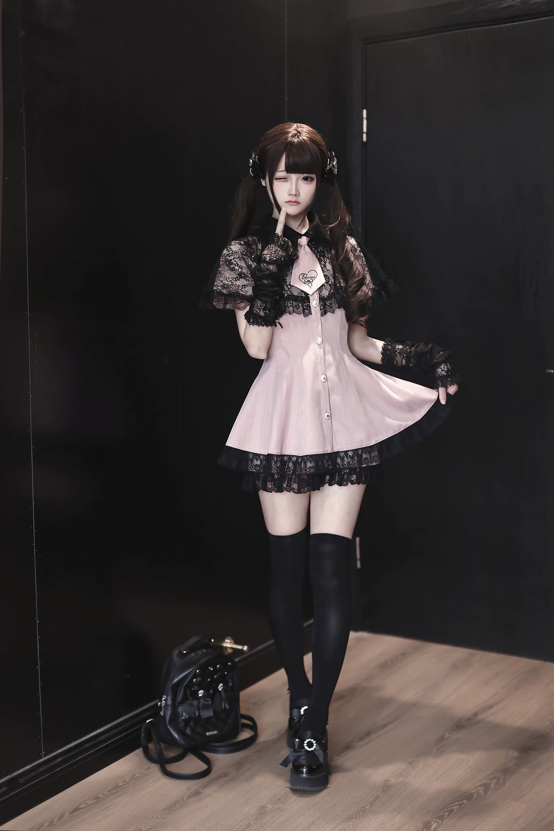Pink Ryousangata Striped Dress, Lace Neckline and Hem 45453:854897
