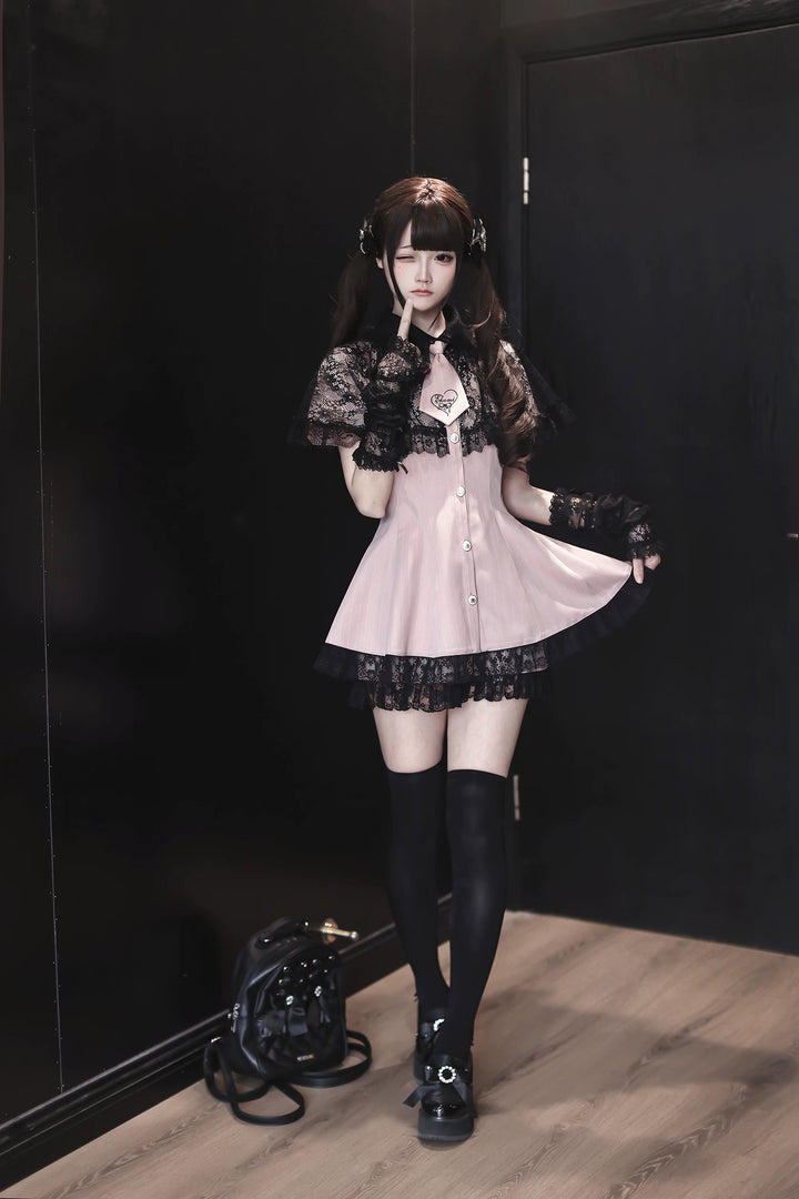Pink Ryousangata Striped Dress, Lace Neckline and Hem 45453:854897