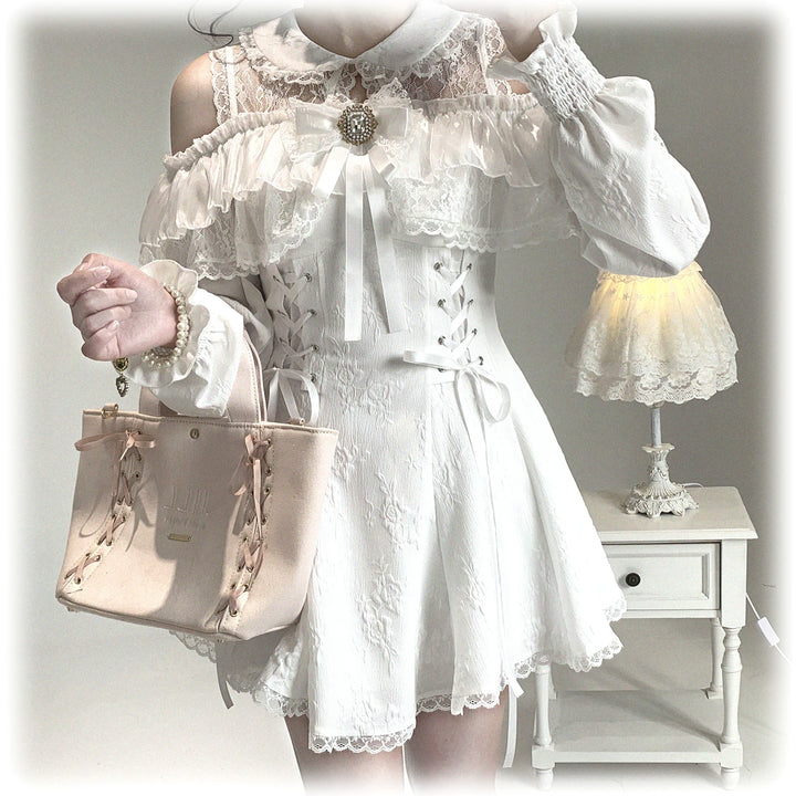 Jirai Kei Open-Shoulder Dress, Bust Lace Flounce Hem 44468:809949