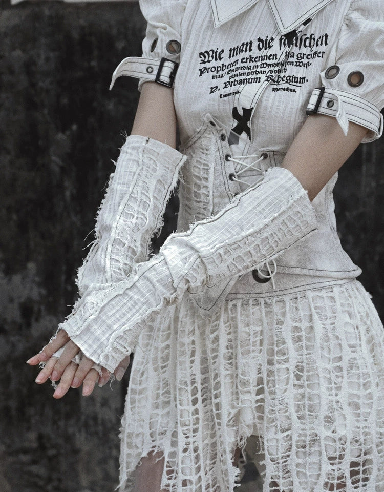 Punk Hand Sleeves White Knit Ripped Fingerless Gloves 39162:616144