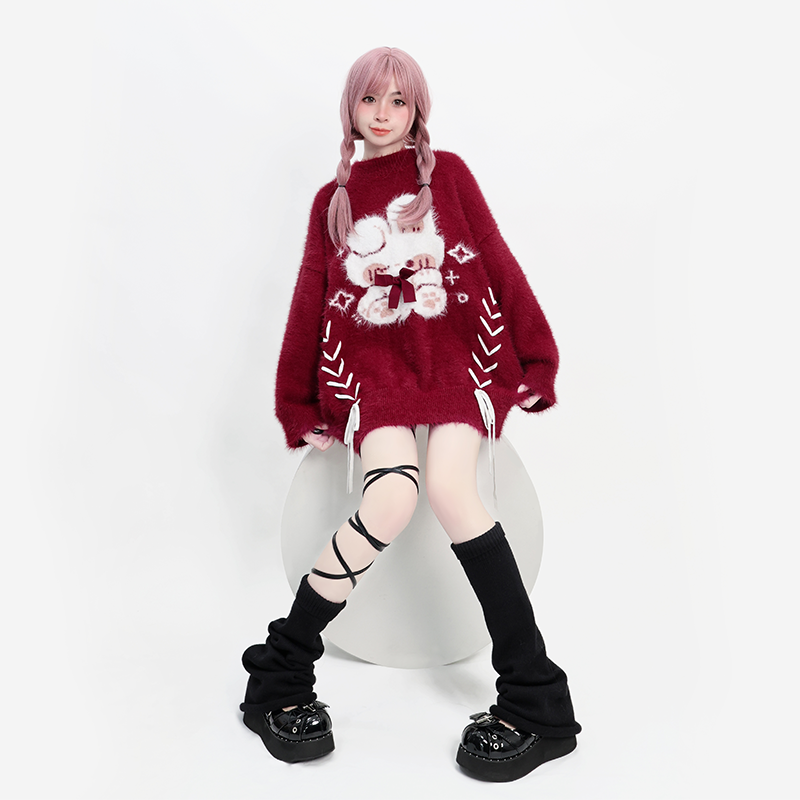 Kawaii Red Pagoda Sleeve Fluffy Strap Sweater 22756:326814