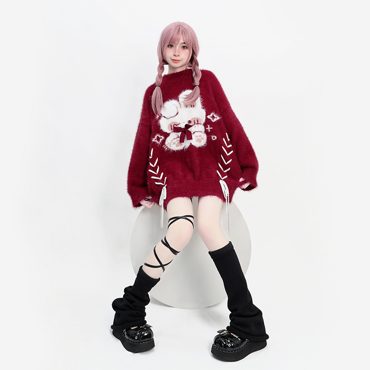 Kawaii Red Pagoda Sleeve Fluffy Strap Sweater 22756:326814 22756:326814