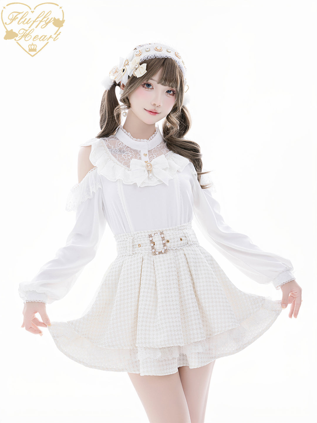 Lace Off-Shoulder Jirai Kei Blouse With Bow Brooch 41684:710446