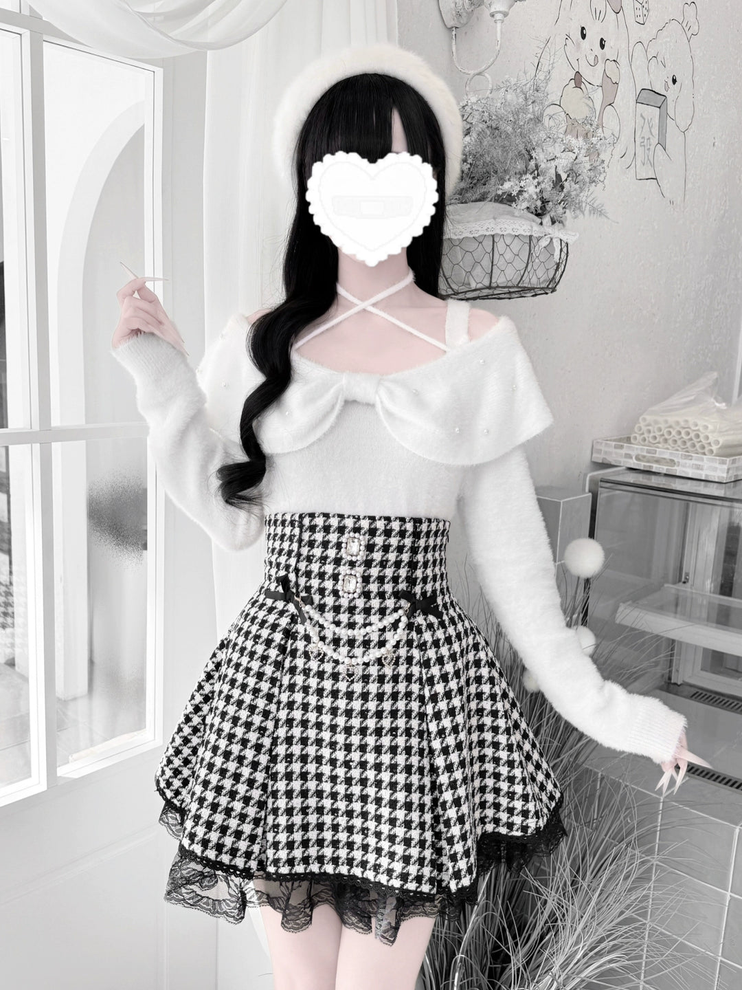 Jirai Kei Open-Shoulder Sweater, Faux Mink Plush 44156:797403