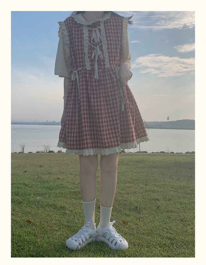 Kawaii Dress Mori Kei Dress Plaid Vest Dress Cotton Linen Dress 36450:523366 36450:523366