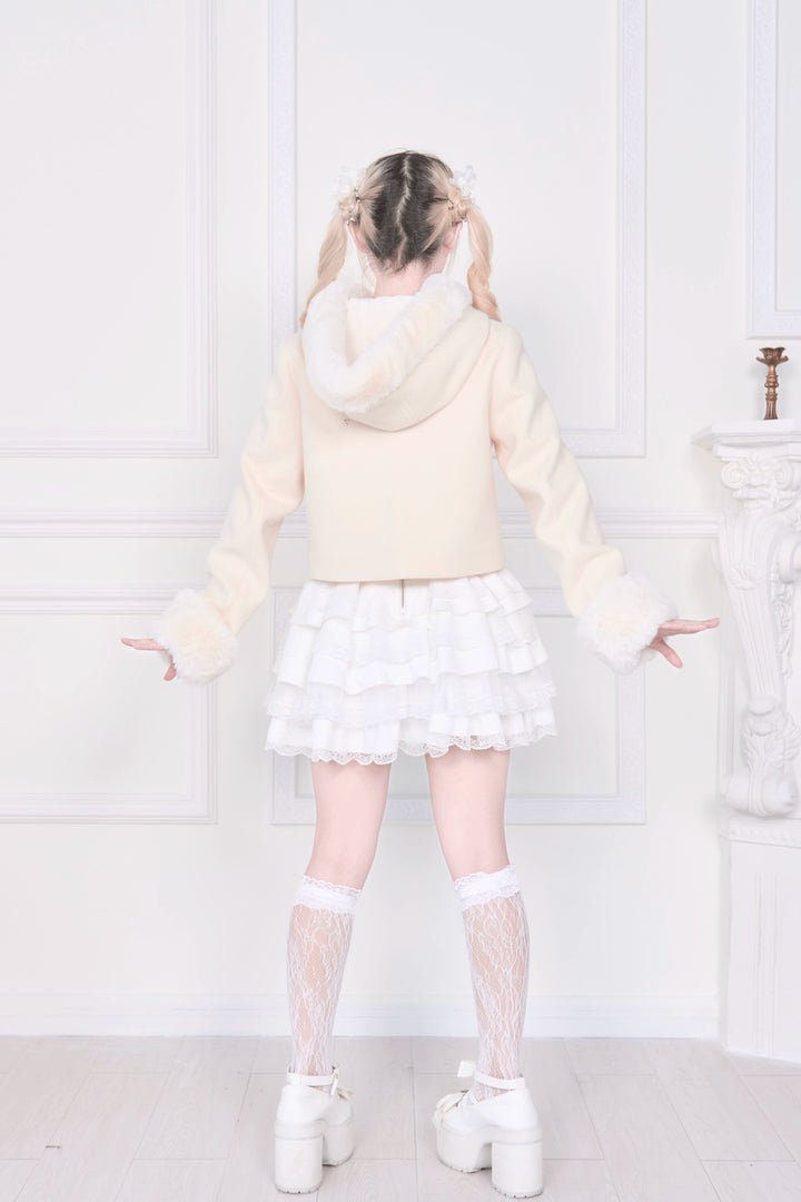 Hooded Rousangata Short Coat, Detachable Plush Cuffs 44116:796415