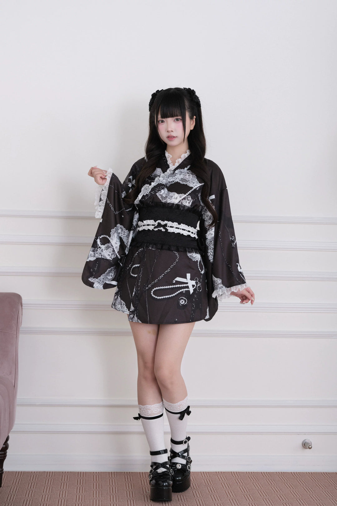 Gothic Lace Yukata Set, Detachable Lace Bow 45262:844248