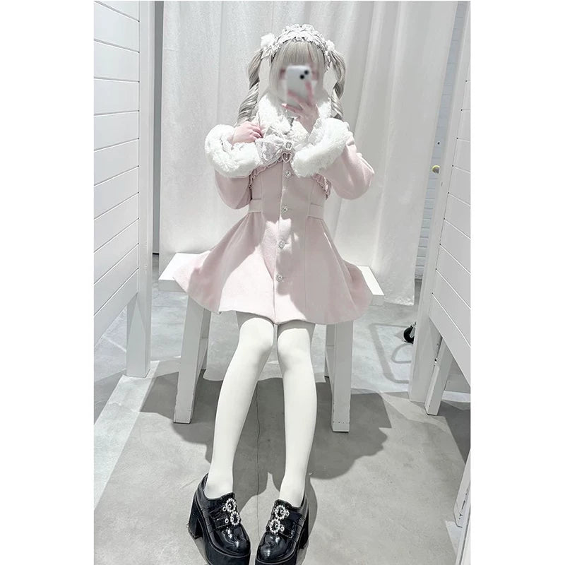 Ryousangata Winter Pink Coat, Removable Faux Fur Trim 44585:816026