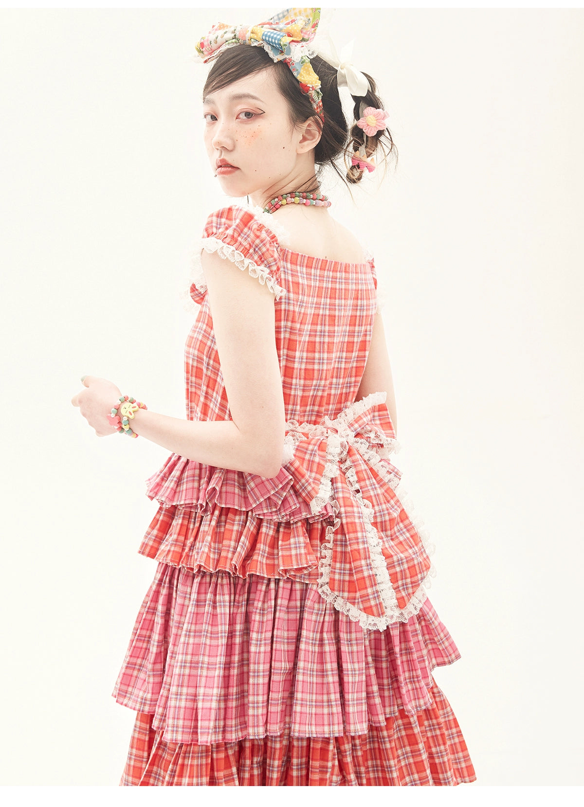 Sweet Lolita Dress Pink Plaid Dress Kawaii Layered Dress 36166:543336