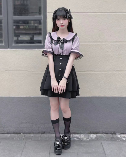 Jirai Kei Pearl Lace Up Butterfly Bow Black Skirt 21738:311034