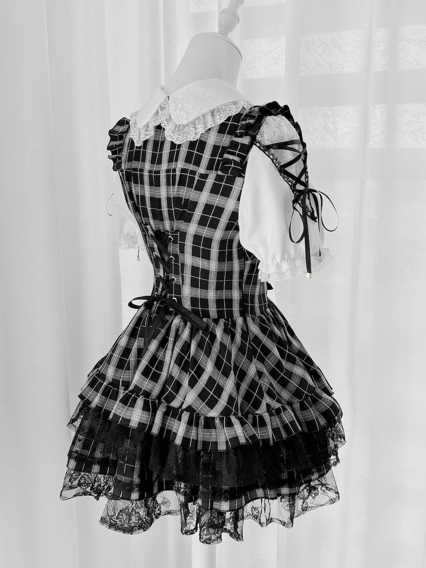 Jirai Kei Lace Plaid Dress Set, Detachable Rhinestone Bow 45700:860687