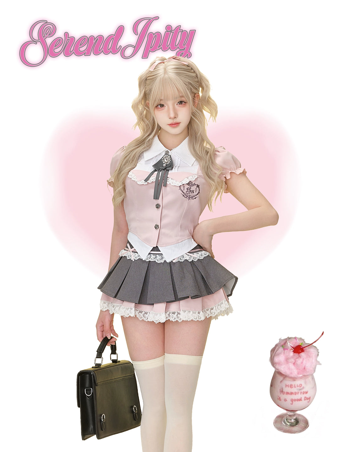 Preppy-Style Gyaru Outfit, Slim-Fit Blouse + Pleated Skirt 43435:779704