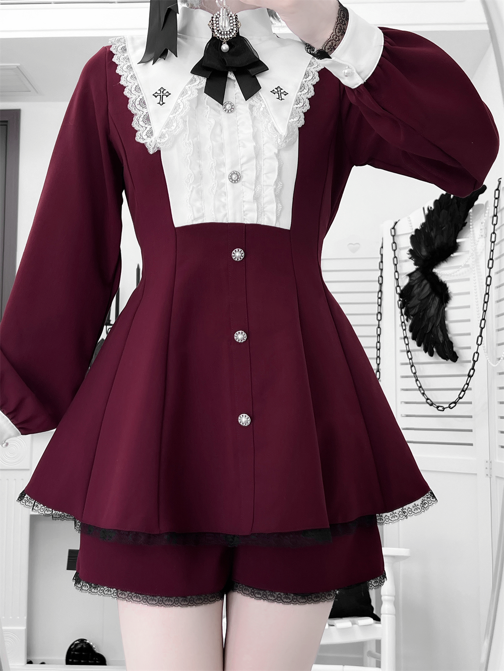 Jirai Kei Dress Set, Pointed Collar With Cross Accents (2XL L M S XL) 44145:797349