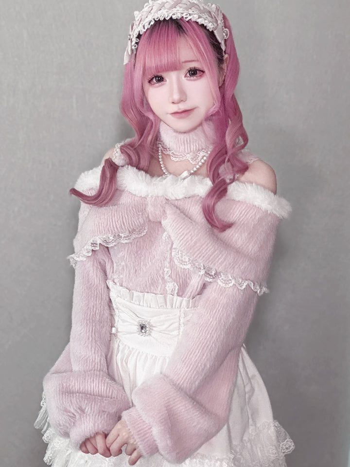 Open-Shoulder Plush Top, Choker with Pearl-Like Chain 44114:801539