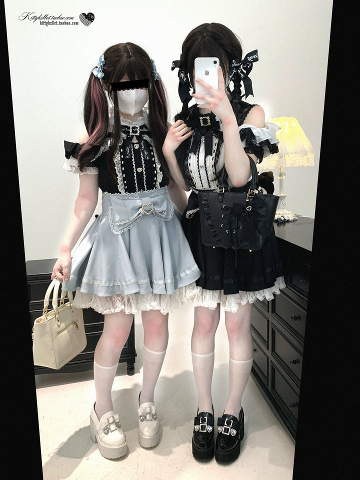Lace Open Shoulder Jirai Kei Blouse, Heart Rhinestone 43692:783113
