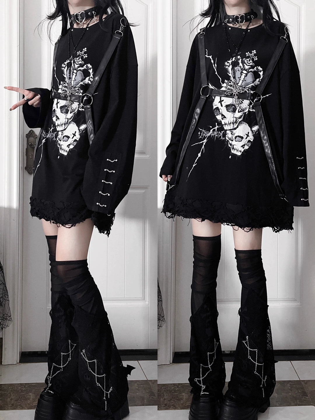 Gothic Printed Long Sleeve Tee, Detachable Strap 44336:804648
