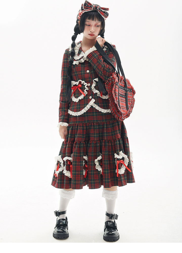 Retro Lolita Skirt Showa Christmas Winter Red Plaid Skirt 40316:662930