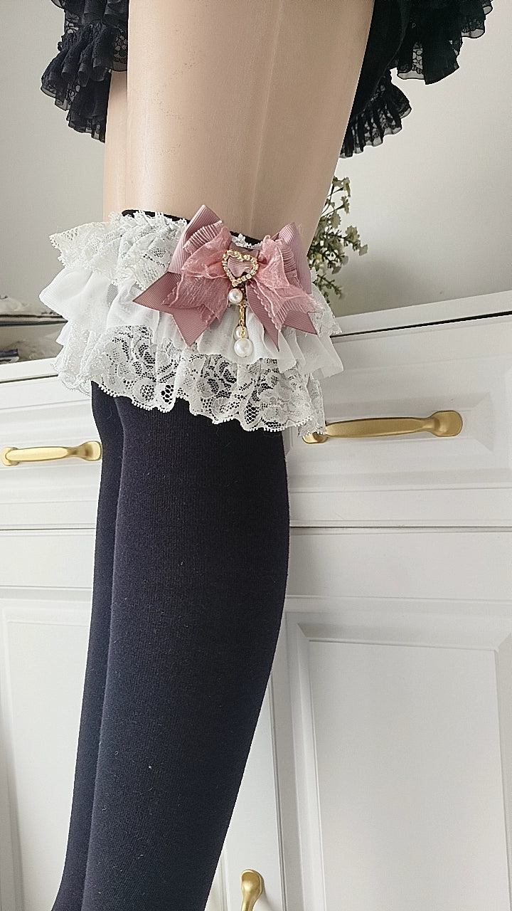 Jirai Kei Mid Length Cotton Socks, Bows and Pearls 44121:797903