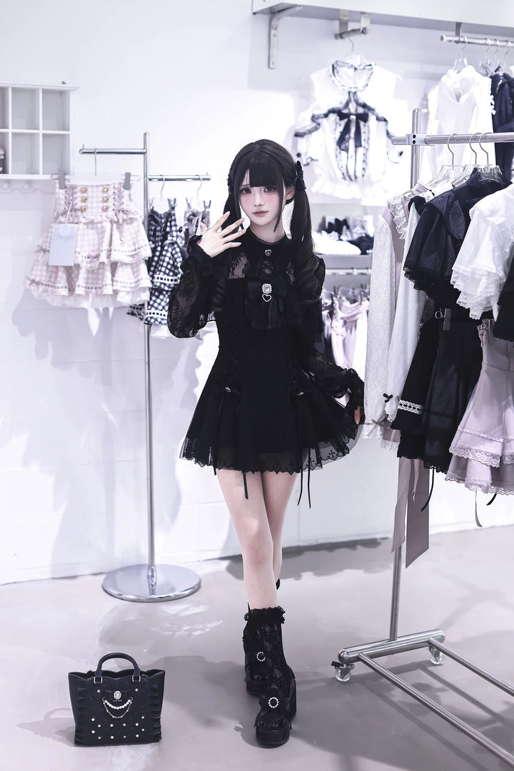 Black Jirai Kei Lace Dress, Cross-detail Hem 45837:864811