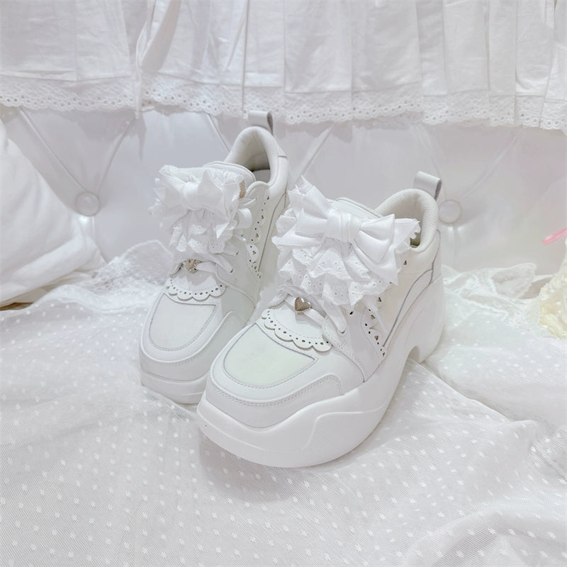 Jirai Kei Sneakers Platform Shoes With Lace Bow and Ruffle Trim 42161:729251