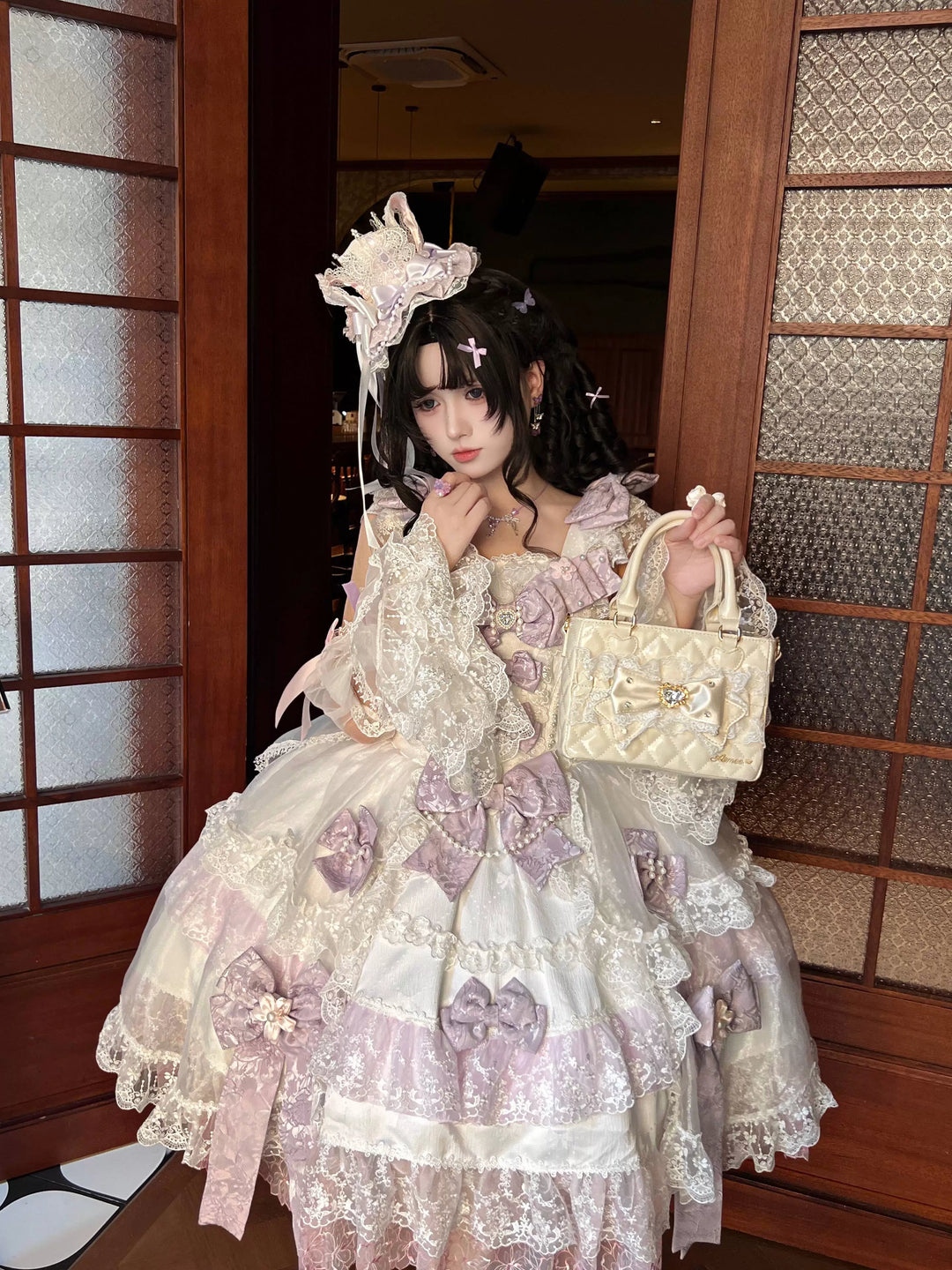 Ryousangata Square Handbag, Lace Bow & Diamond Quilting 45754:862825
