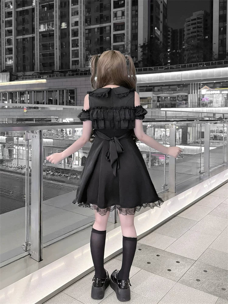 Jirai Kei Open Shoulder Dress, Layered Chest Ruffles 45366:847752