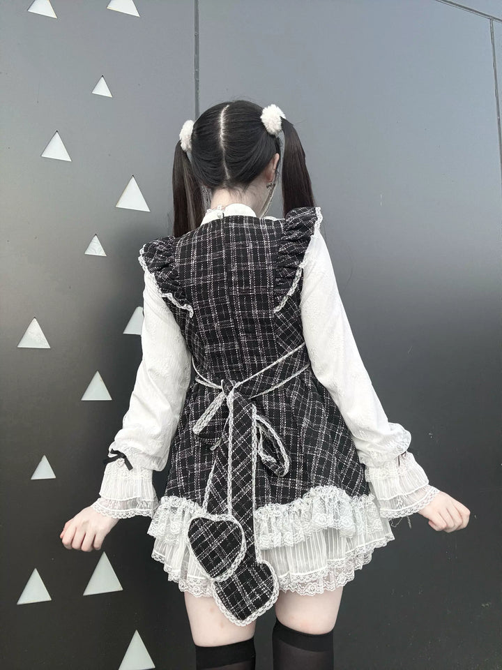 Jirai Kei Plaid Dress Set, Petal-Shaped Lace Hem 44765:825654