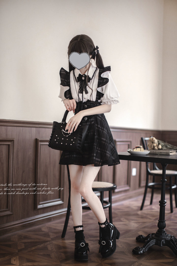Black Jirai Kei Plaid Suspender Skirt Set with White Blouse 42918:760673