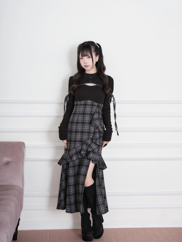 Jirai Kei Plaid Dress, Chest Cutout & Flounce Slit Hem 45956:869325