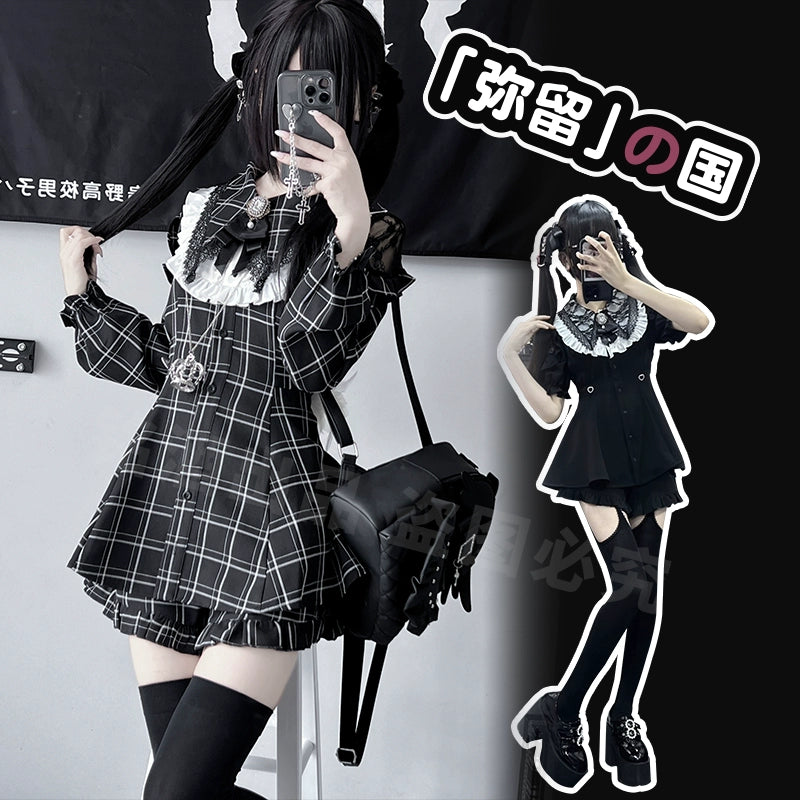 Jirai Kei Dress Set Black Plaid Dress With Puritan Collar 39506:635872