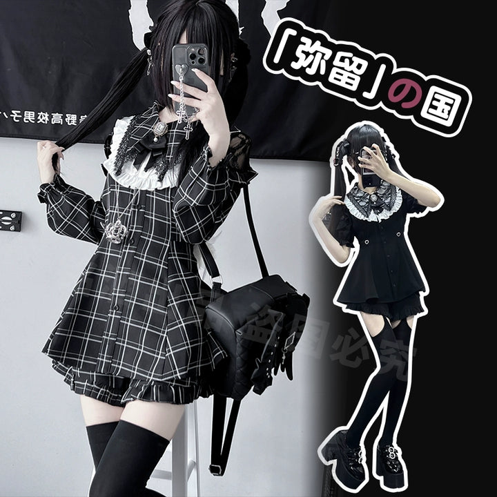 Jirai Kei Dress Set Black Plaid Dress With Puritan Collar 39506:635872