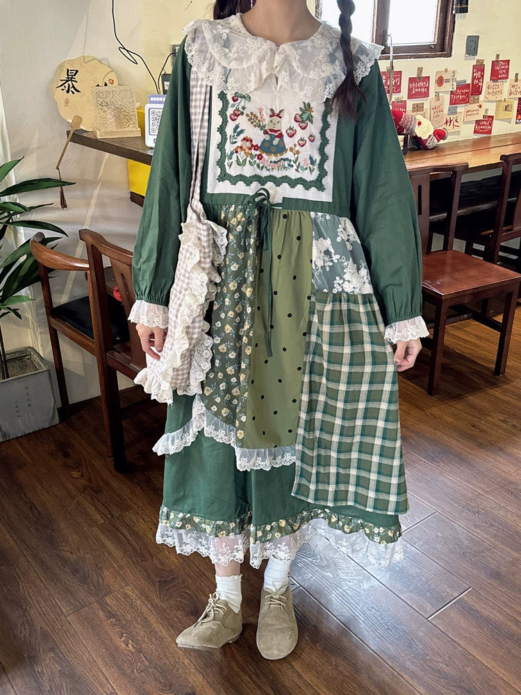 Cottagecore Dress Mori Kei Dress Green Floral Patchwork Dress 36226:525072