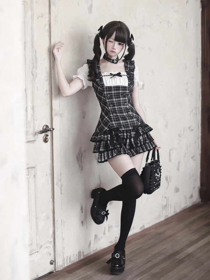 Jirai Kei Black Plaid Dress Set, Heart-Shaped Rhinestone 45004:834486