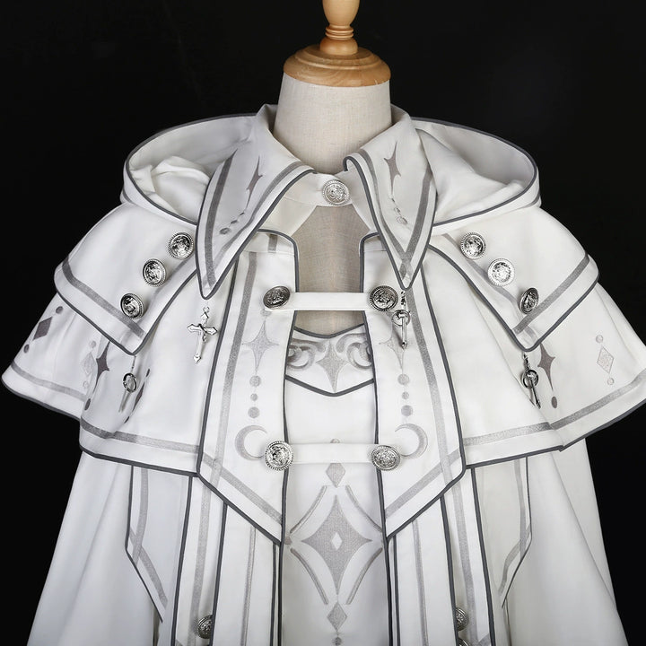 Cyberpunk Cloak Set White Hooded Cloak Top And Shorts 38820:602074