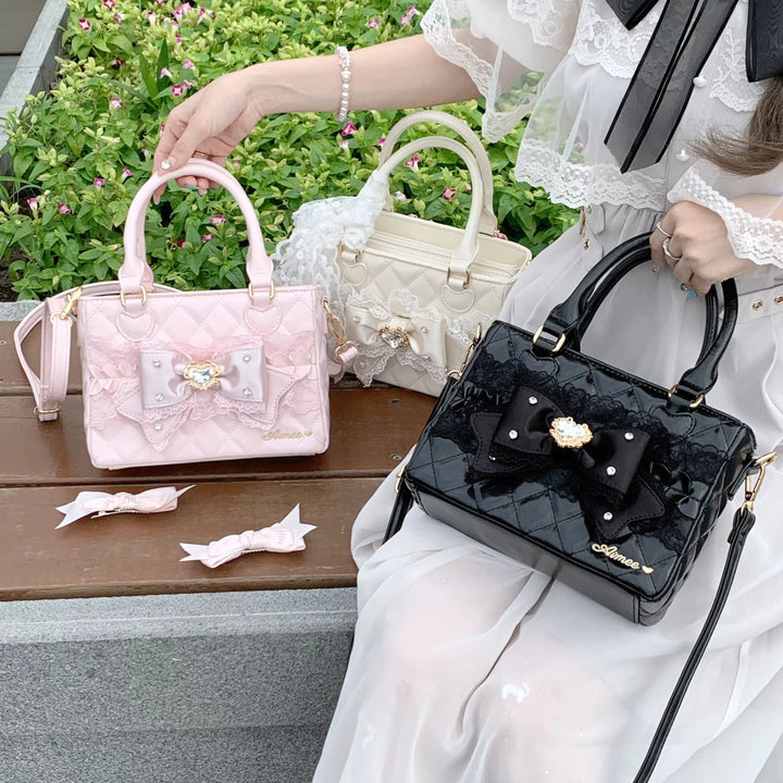 Ryousangata Square Handbag, Lace Bow & Diamond Quilting 45754:862823
