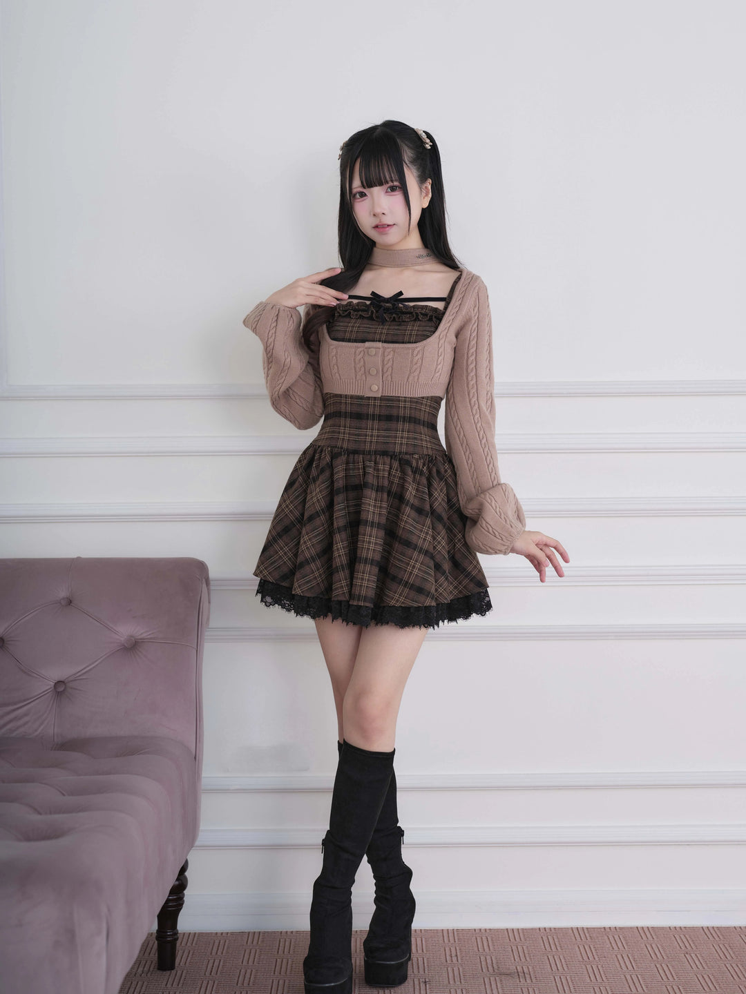 Ryousangata Plaid Dress & Knit Sweater Set, Choker-Neck 46032:873337