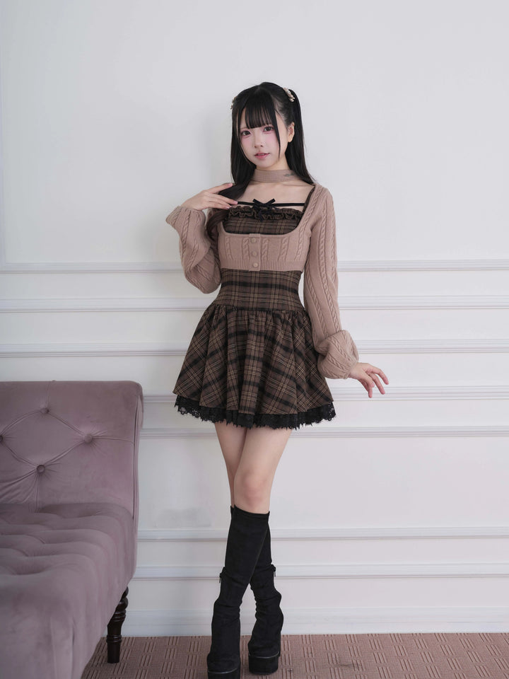 Ryousangata Plaid Dress & Knit Sweater Set, Choker-Neck 46032:873337