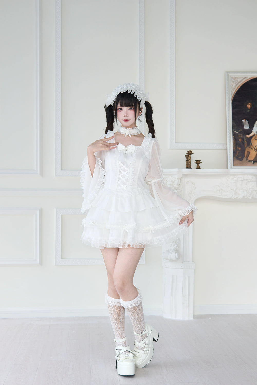 Black / White Jirai Kei Skirt Suit With Ribbon Flower Details 43294:772566