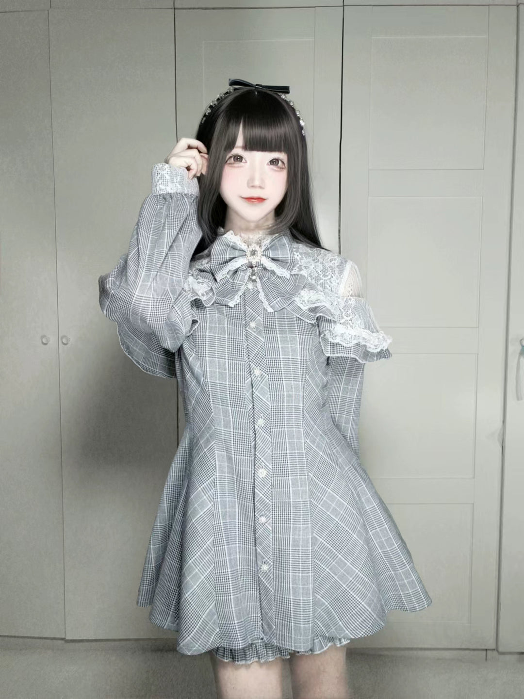 Jirai Kei Dress Set Gray Plaid Long-sleeved Dress And Shorts 41568:704942