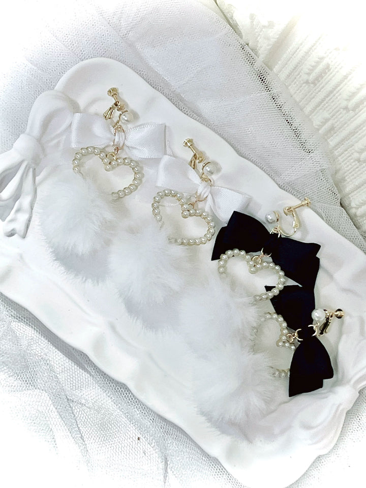 Jirai Kei Heart-shaped Earrings, Fluffy Pom-pom & Bow Accents 45694:860090