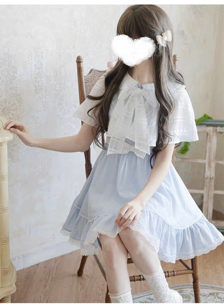 Blue / White Ryousangata One Piece Dress, Cape Style 43547:779035