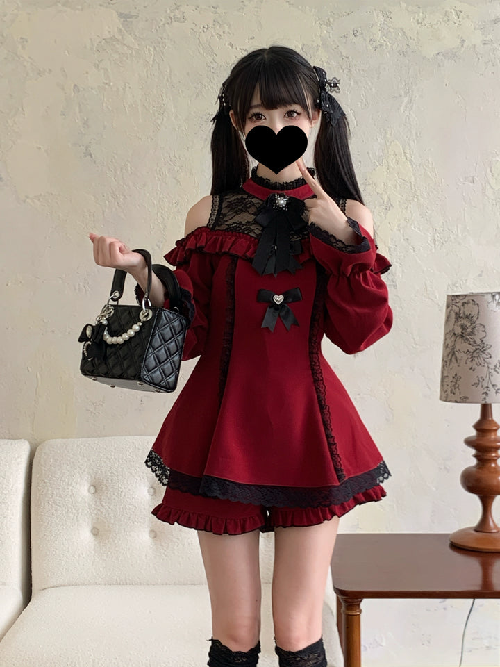 Jirai Kei Dress Open-shoulder Lace Patchwork Shorts Set 39032:653348