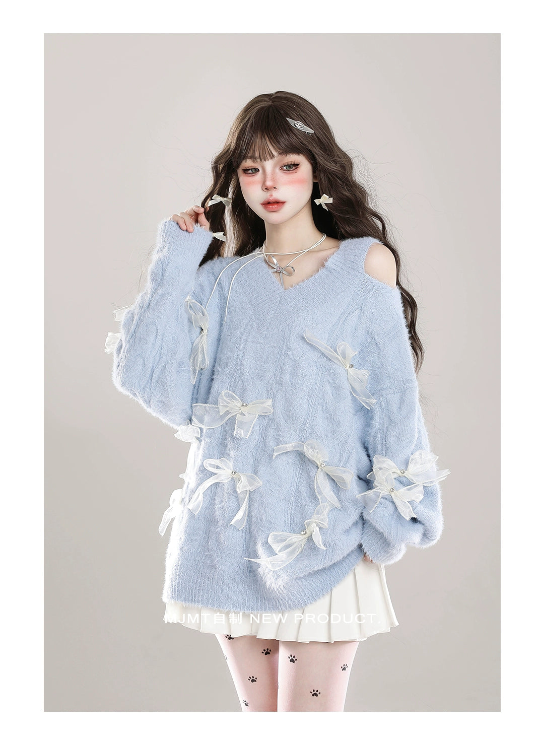 Sweet Winter Sweater, Open-Shoulder, Ribbon Bows 44070:795141