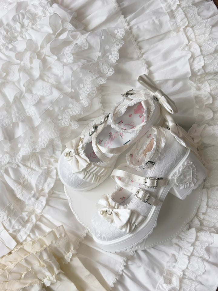 Classic Lolita Mary Jane Shoes, Lace Tulle & Ribbon Bow 46012:873464
