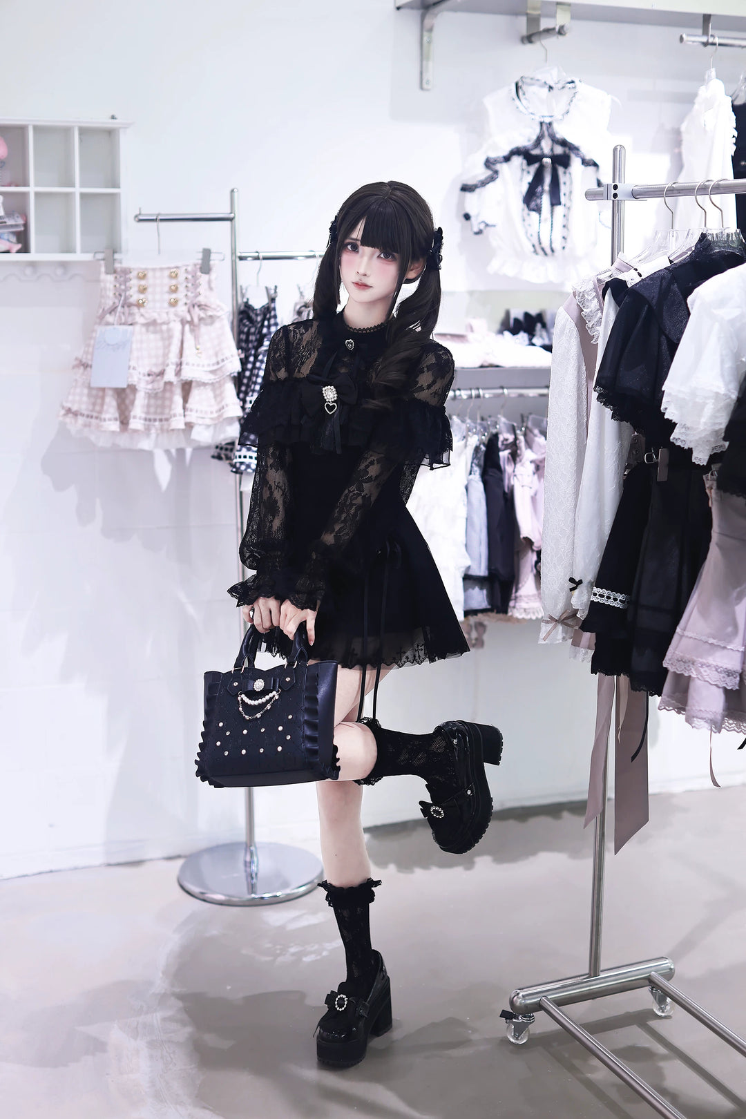 Black Jirai Kei Lace Dress, Cross-detail Hem 45837:864810