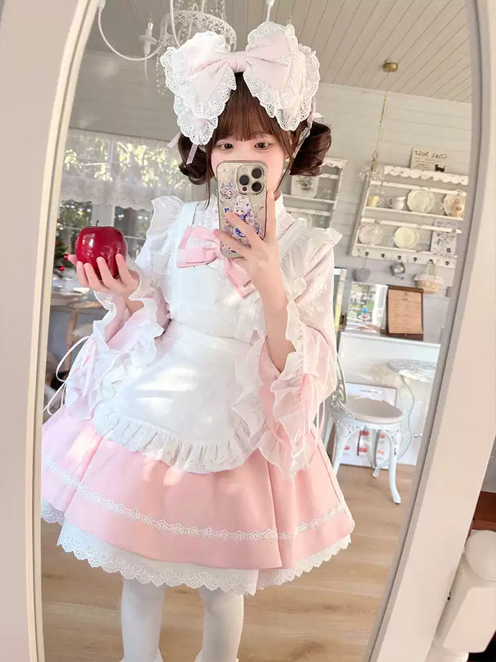 Kawaii Outfit White Maid Blouse And Pink Skirt With Apron 42283:735261