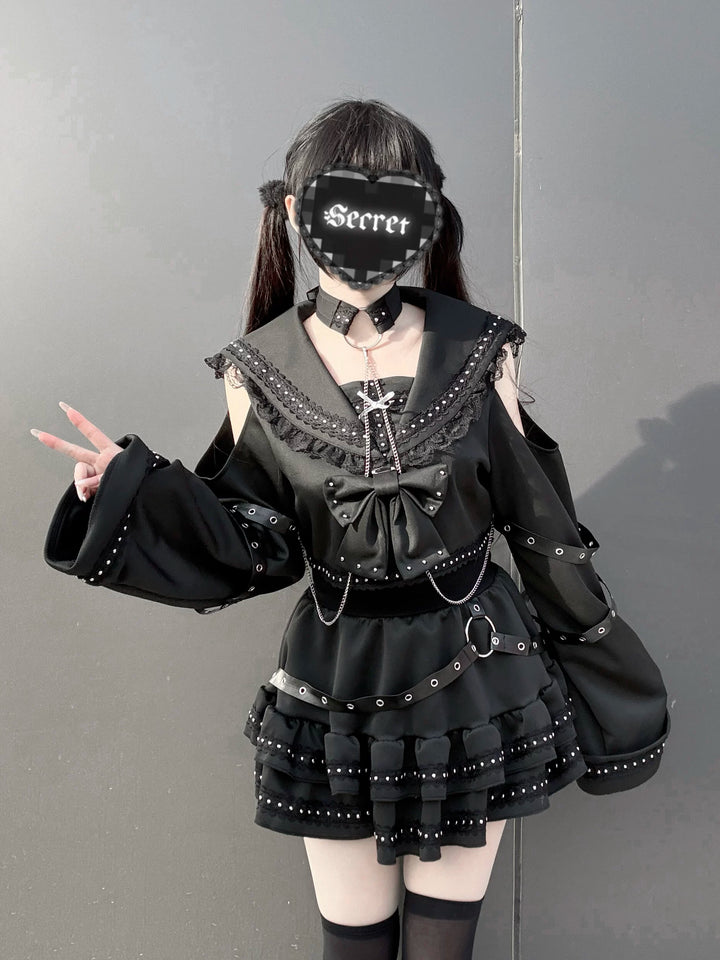 Subculture Black Top & Skirt Set, Snakeskin-Like Style 44771:827681